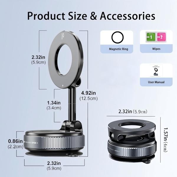 Universal Magnetic Car Phone Holder Strong Vacuum Suction Cup Mount for All Smartphones & Vehicles Foldable Design Works on Dashboard Gym & Bathroom Mirrors