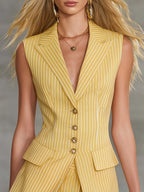 Exquisite Fashion Vacation Yellow Striped Tank Top And Skirt Set