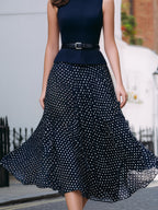 Sleeveless Belted Midi Dress With Polka Dot Flowing Skirt