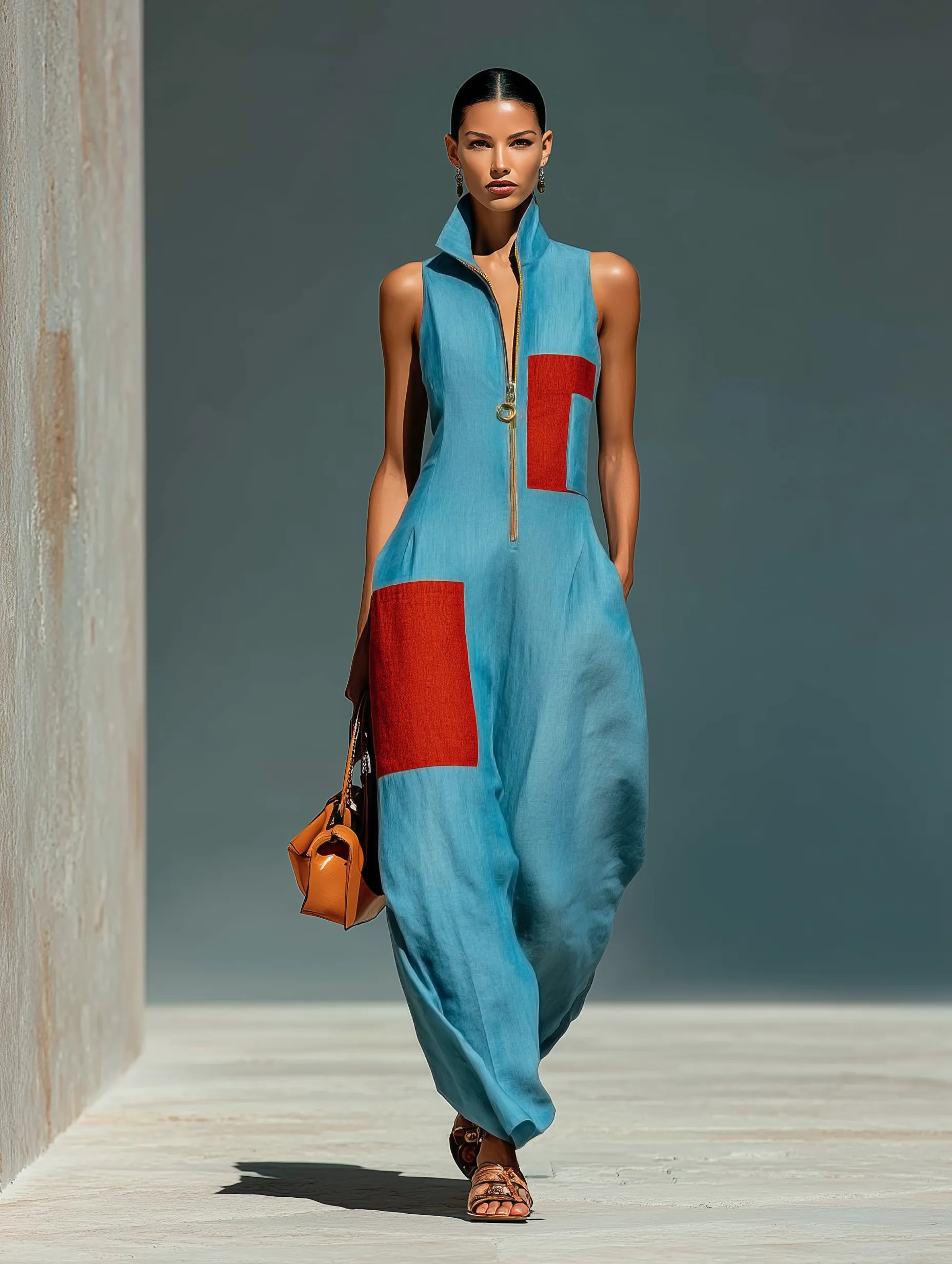 Women’s Blue Linen-Blend Sleeveless Jumpsuit With Red Patch Pockets & Half-Zip Stand Collar MDZ0982E4T