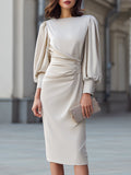 Draped Waist Puff Sleeve Midi Dress