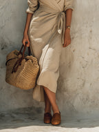 Women's Minimalist Linen-Blend V-Neck Mid-Sleeve Tie-Waist Wrap Midi Dress MDZ1605F3WY