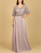 Dusty Pink V Neck Striped Sequin Puff Sleeve Chiffon Maxi Dress