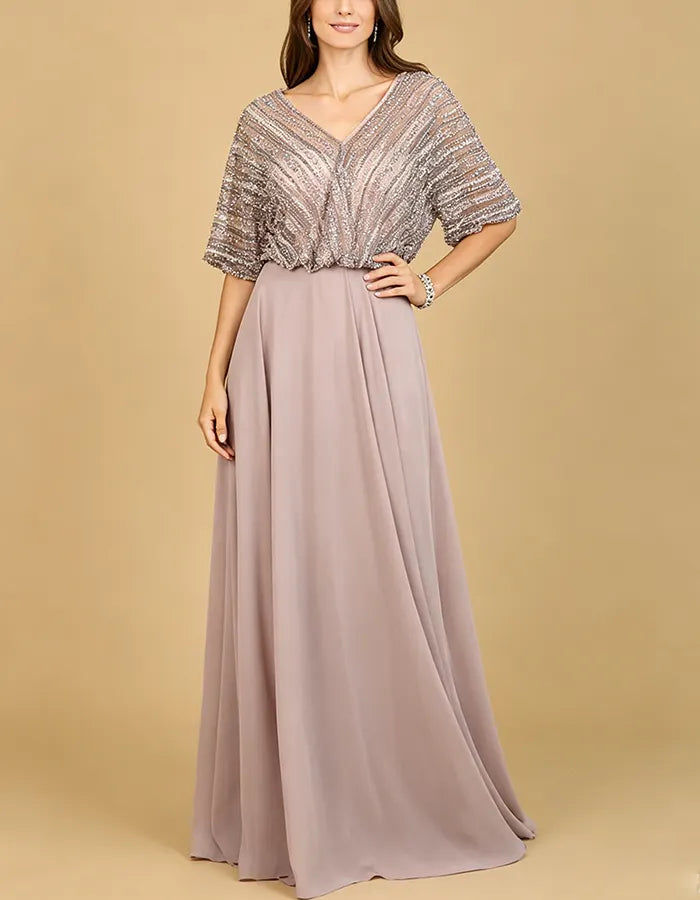 Dusty Pink V Neck Striped Sequin Puff Sleeve Chiffon Maxi Dress