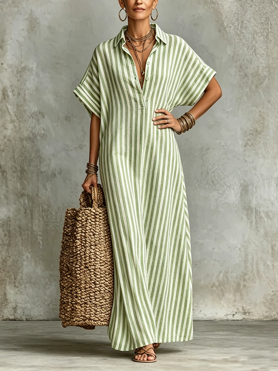 Cozy Classic Striped Cotton-linen Maxi Dress