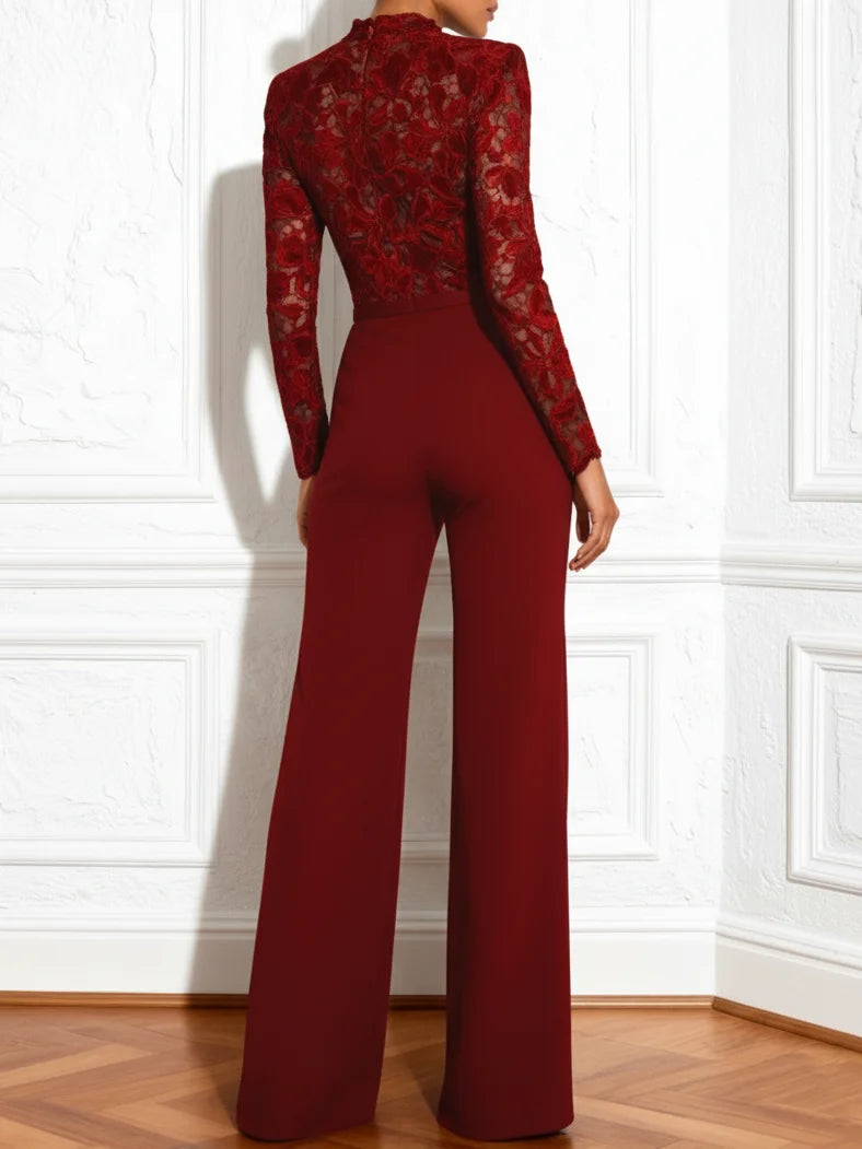 Women Wine Red Lace Flocked Mock Neck Long Sleeve Dressy Jumpsuit