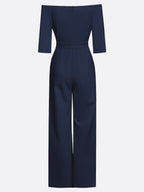 Women Navy Blue Off The Shoulder Half Sleeve Dressy Jumpsuit With Pockets