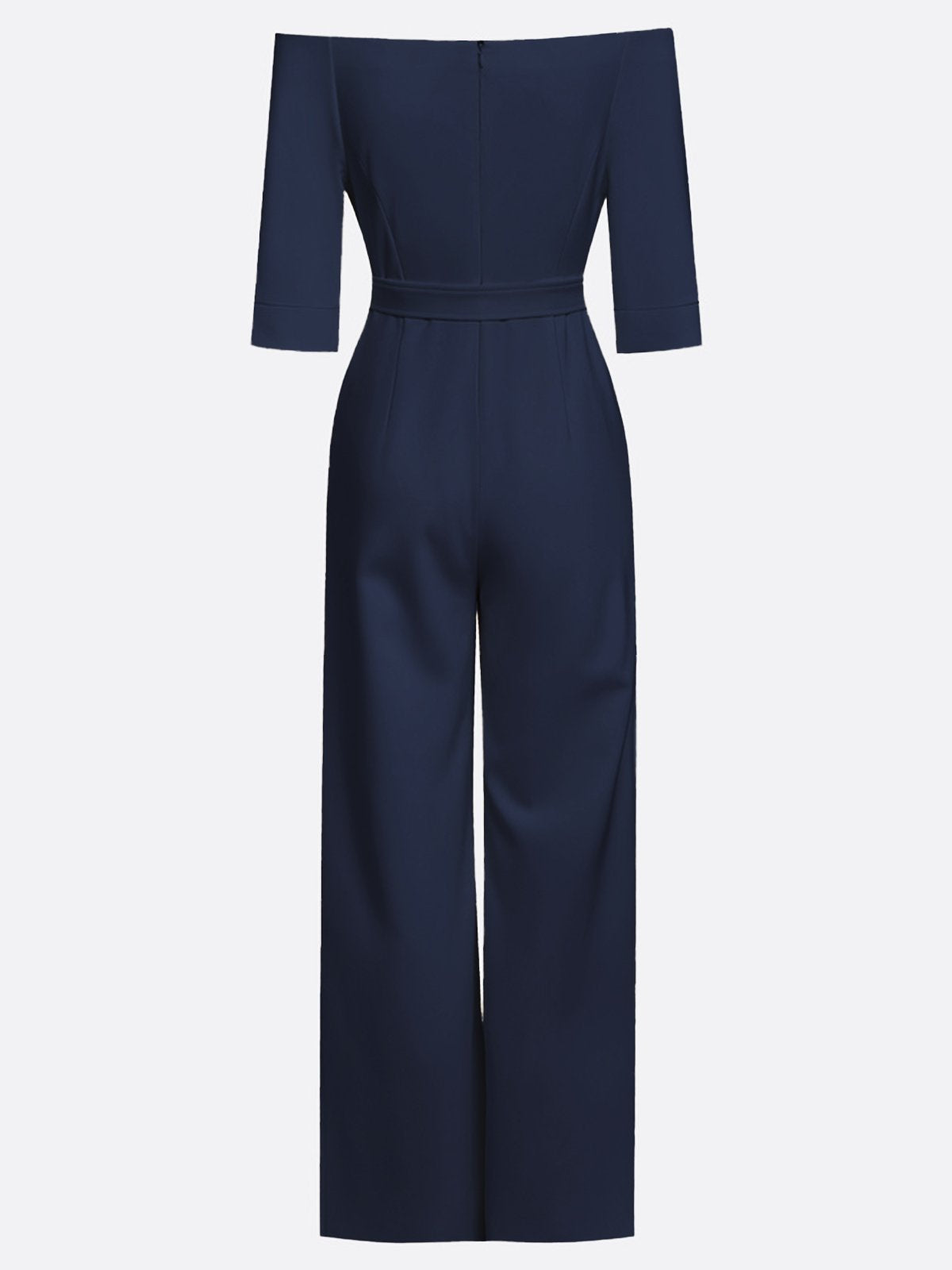 Women Navy Blue Off The Shoulder Half Sleeve Dressy Jumpsuit With Pockets