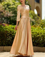 Champagne V Neck Cross Ruched 3/4 Sleeve Satin Maxi Dress