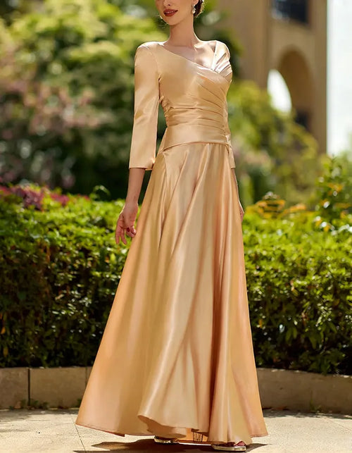 Champagne V Neck Cross Ruched 3/4 Sleeve Satin Maxi Dress