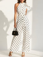 Women White Polka Dots Bow Halter Sleeveless Dressy Jumpsuit