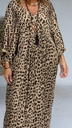 Leopard Print Batwing Sleeve Oversized Maxi Dress With Tassel