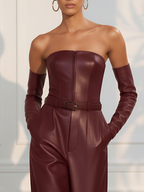 Women Burgundy Faux Leather Pocket Stitching Strapless Sleeveless Modern Jumpsuit