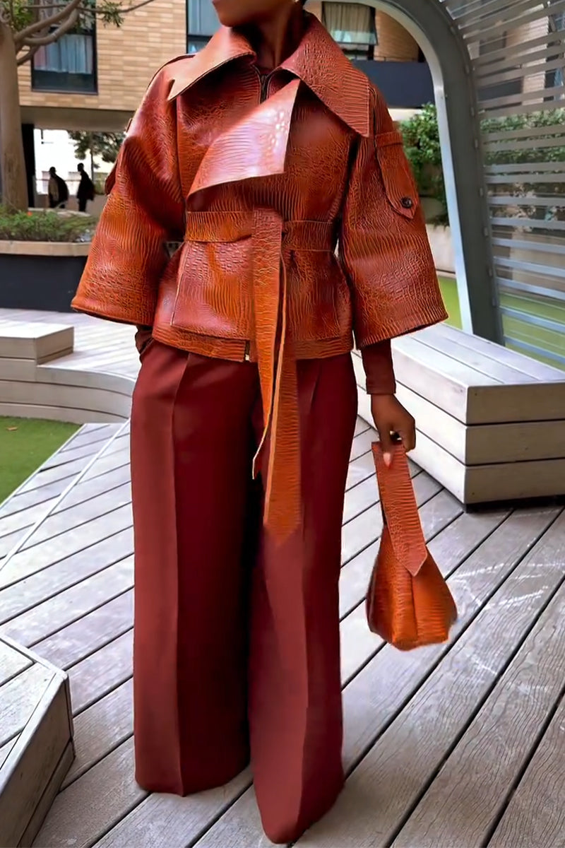Women Collar Leather Jacket or Wide Leg Pants Casual Suit with Temperament