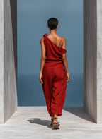 Women’s Red Linen Two-Piece Set: Asymmetrical One-Shoulder Top (Without Neck Scarf) & Wide-Leg Pants With Pockets MDZ2201D4T