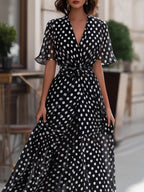 Polka Dot Chiffon V-Neck Maxi Dress