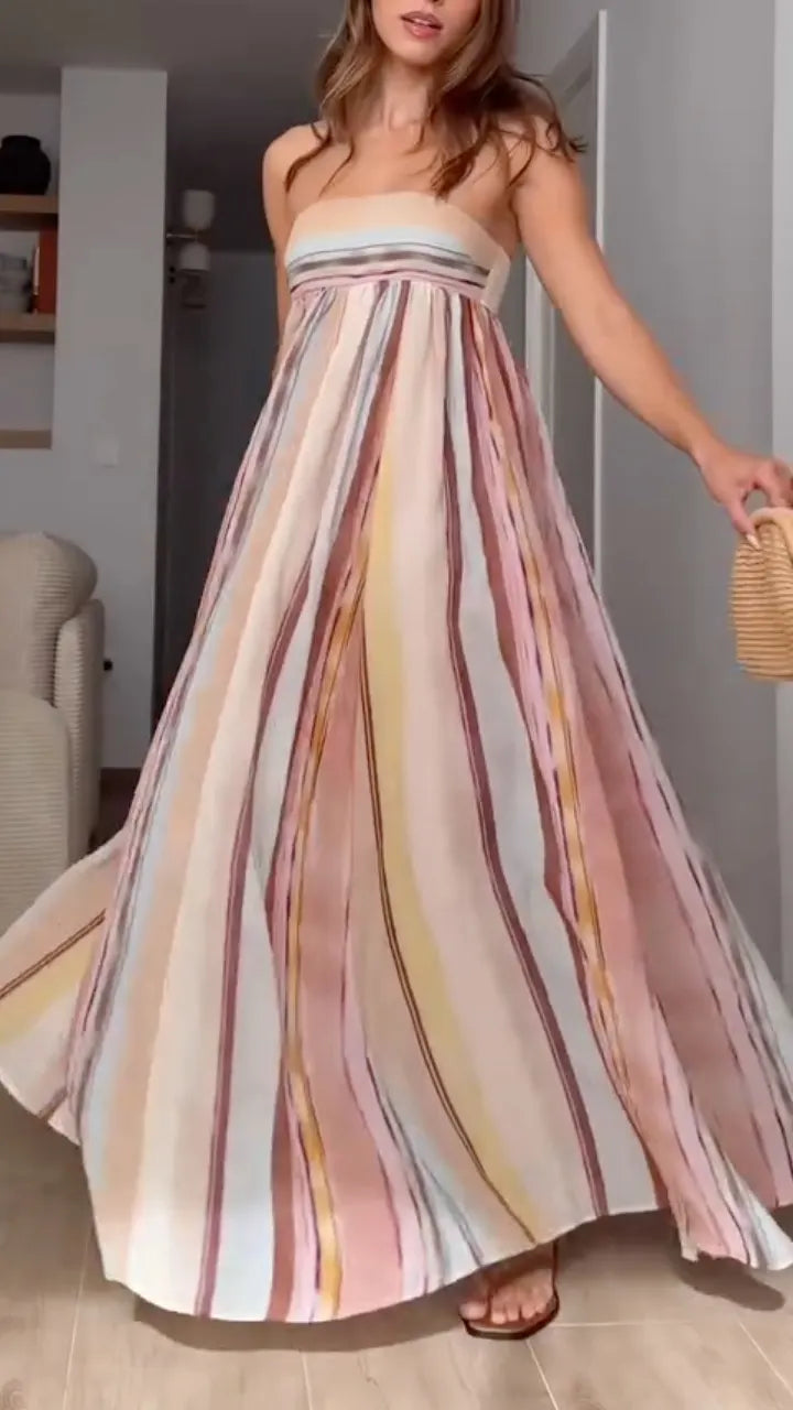 复制Black Draped Sleeveless Midi DressPastel Watercolor Stripe Strapless Maxi Dress
