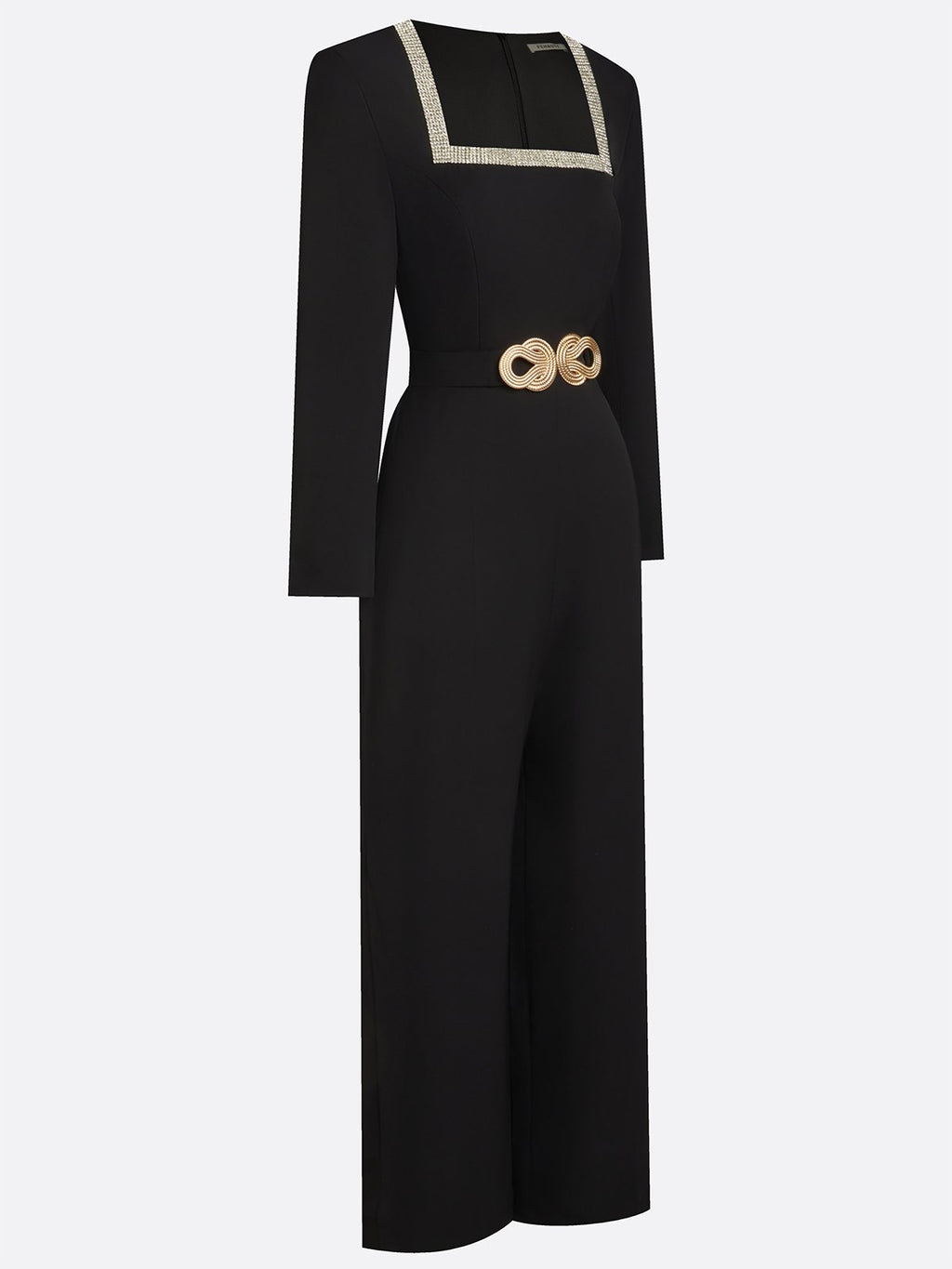 Women Black Rhinestone Square Neck Long Sleeve Dressy Jumpsuit