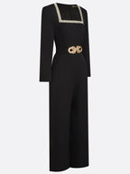 Women Black Rhinestone Square Neck Long Sleeve Dressy Jumpsuit