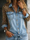 Women's Vintage Leopard Casual Loose Denim Blouse Shirt
