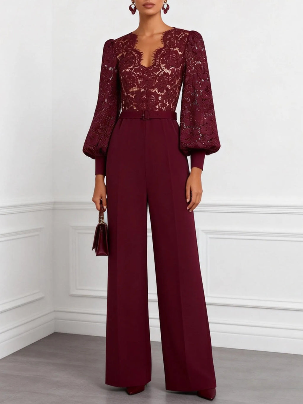 Women Burgundy Lace V Neck Long Sleeve Balloon Sleeve Dressy Jumpsuit