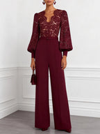 Women Burgundy Lace V Neck Long Sleeve Balloon Sleeve Dressy Jumpsuit