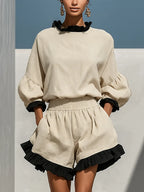 Women’s Beige Linen-Blend Contrast Ruffle Trim Long Sleeve Blouse & High-Waisted Ruffle Hem Shorts Two-Piece Set MDZ1018D0T