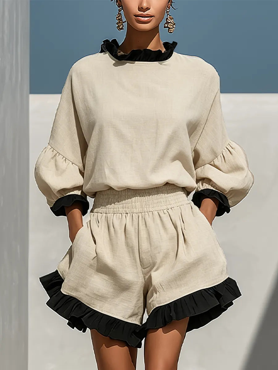 Women’s Beige Linen-Blend Contrast Ruffle Trim Long Sleeve Blouse & High-Waisted Ruffle Hem Shorts Two-Piece Set MDZ1018D0T