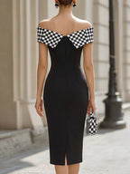 Chic Black & White Checkered Off-Shoulder Bodycon Midi Dress