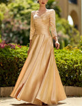 Champagne V Neck Cross Ruched 3/4 Sleeve Satin Maxi Dress