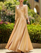 Champagne V Neck Cross Ruched 3/4 Sleeve Satin Maxi Dress
