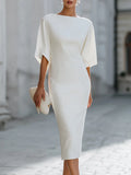 White Boat Neck Batwing Sleeve Midi Pencil Dress