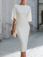 White Boat Neck Batwing Sleeve Midi Pencil Dress