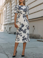 Botanical Print Short Sleeve Midi Dress