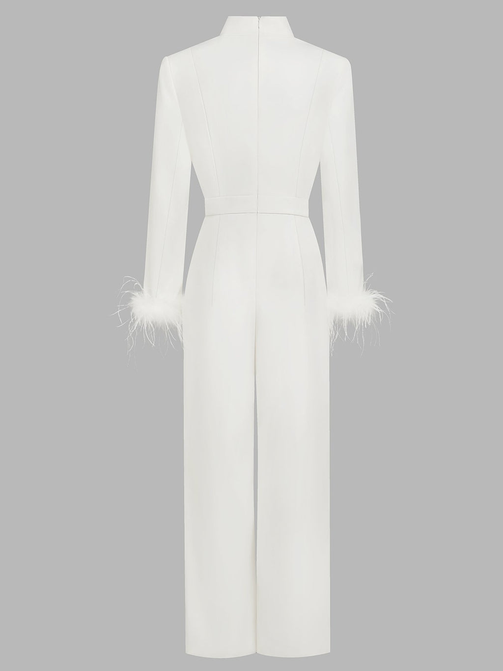 Women White Feather-trimmed Buckle Mock Neck Long Sleeve Dressy Jumpsuit