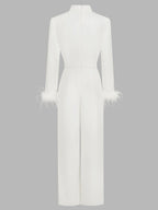 Women White Feather-trimmed Buckle Mock Neck Long Sleeve Dressy Jumpsuit