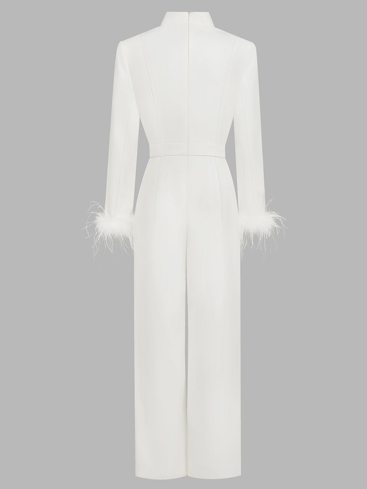 Women White Feather-trimmed Buckle Mock Neck Long Sleeve Dressy Jumpsuit