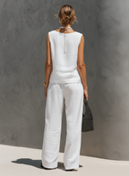 Women's Casual White Cotton-Linen V-Neck Sleeveless Top And Trousers Set (Lined) MDZ2866C9AN