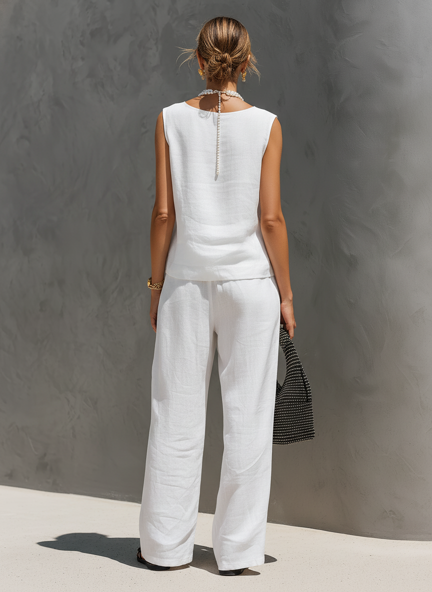 Women's Casual White Cotton-Linen V-Neck Sleeveless Top And Trousers Set (Lined) MDZ2866C9AN