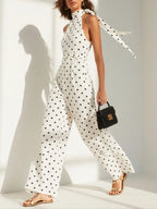 Women White Polka Dots Bow Halter Sleeveless Dressy Jumpsuit