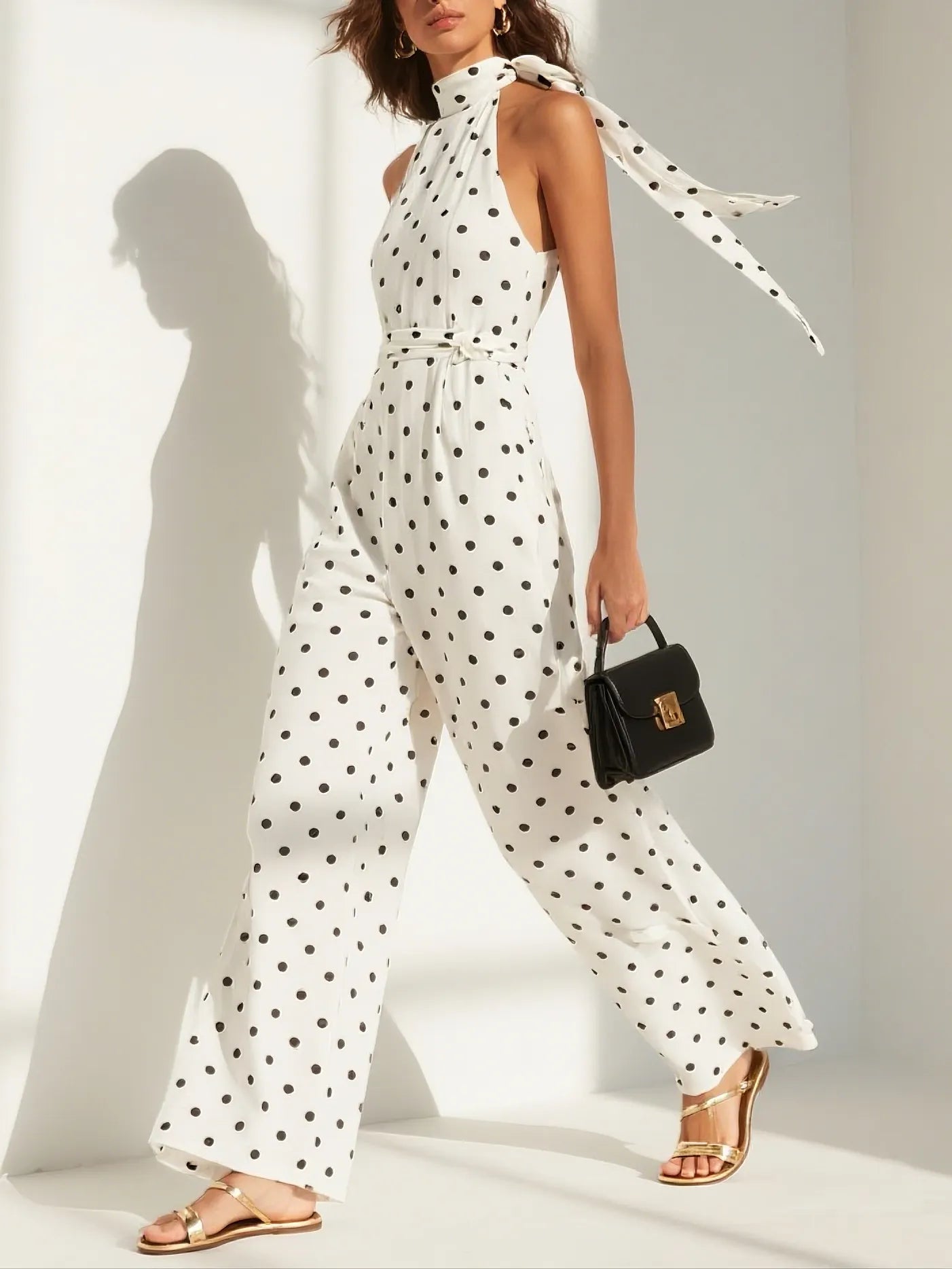Women White Polka Dots Bow Halter Sleeveless Dressy Jumpsuit