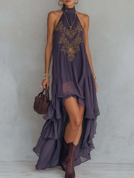 Retro Halter Neck Irregular Ruffle Maxi Dress