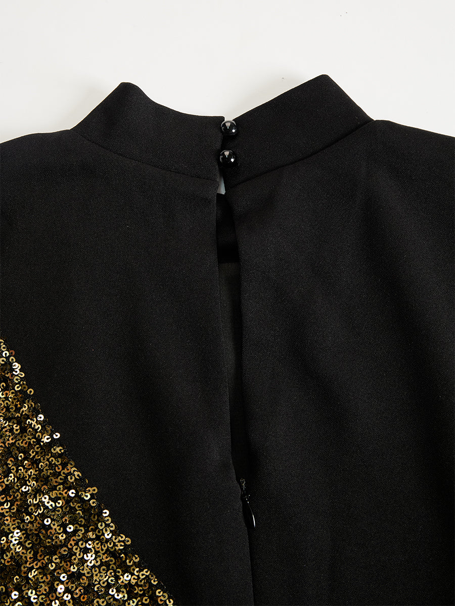 Elegant Black And Gold Sequin High-Neck Slit Maxi Dress