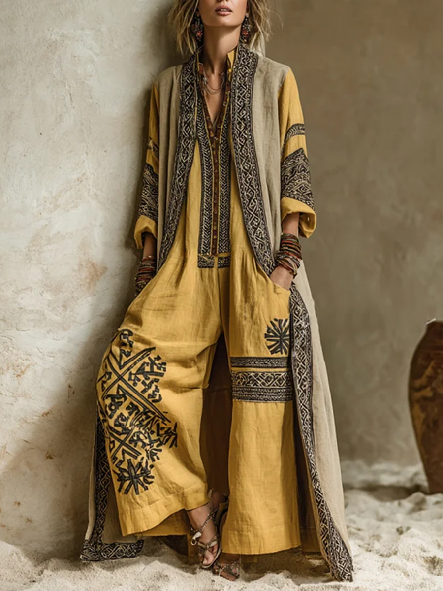 Bohemian Print Jumpsuit And Cardigan Two-piece Set