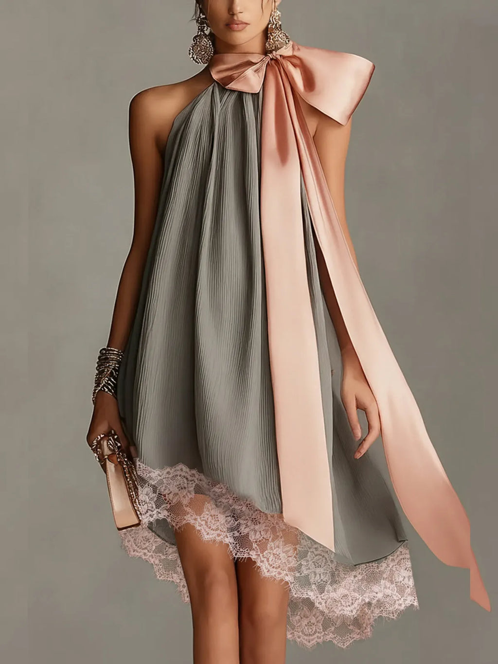 Grey Halter Neck Satin Bow And Lace-trimmed Mini Dress
