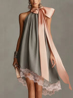 Grey Halter Neck Satin Bow And Lace-trimmed Mini Dress