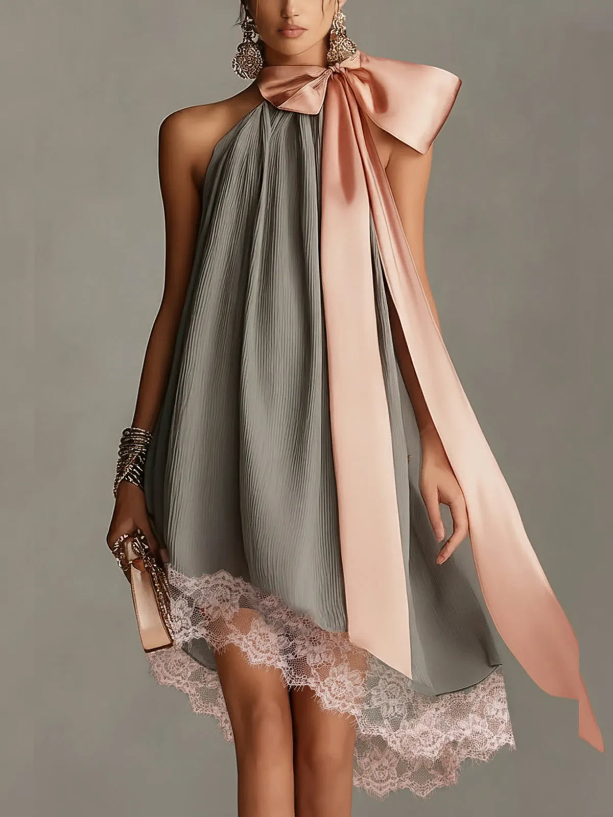 Grey Halter Neck Satin Bow And Lace-trimmed Mini Dress