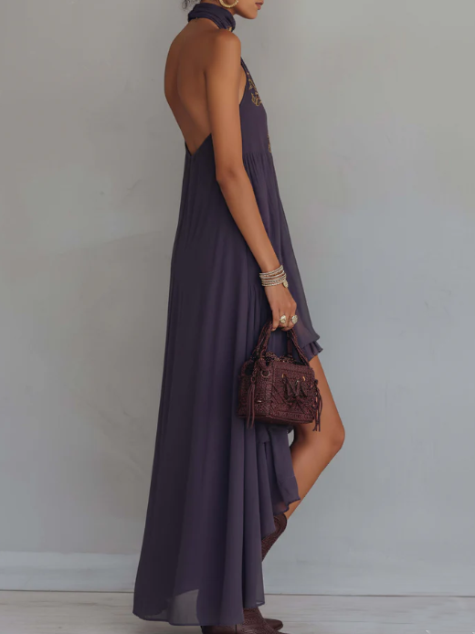 Retro Halter Neck Irregular Ruffle Maxi Dress