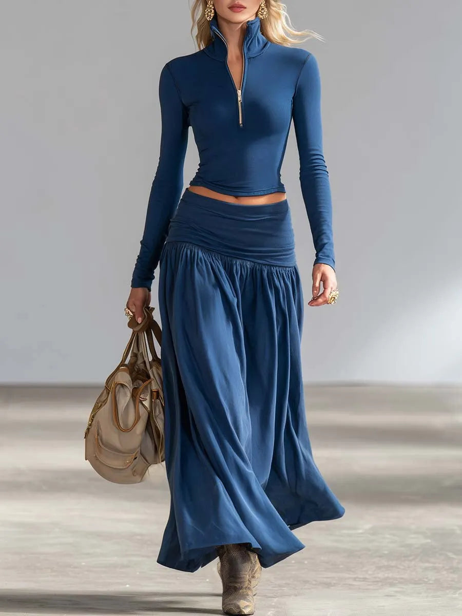 Elegant collared zip-up top and low-rise skirt set