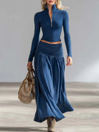Elegant collared zip-up top and low-rise skirt set
